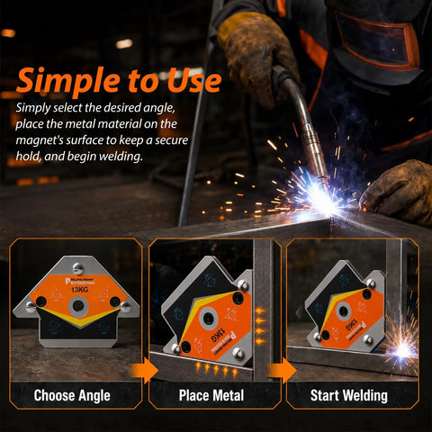 Powerful Welding Magnets Set 2 Pieces For 45 90 135 Degree Angles showing usage in securing metals at various angles for welding.