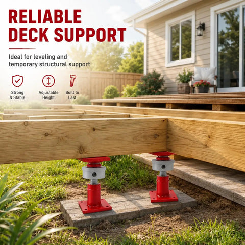 Badass Two Piece Adjustable Screw Jack Post Set For Foundation Leveling With Heavy Duty Red Brackets And Sturdy Wrenches visible supporting deck structure, showing adjustable height functionality.
