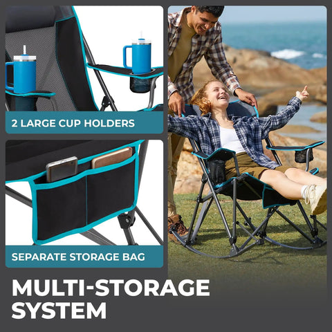 Oversized Rocking Camping Chair For Adults With Wide Padded Armrests And Detachable Pillow Portable Foldable Lawn Chair With Two Cup Holders Carry Bag Supports Up To 400 Lbs Extra Comfy For Patio Campouts In Black And Blue
