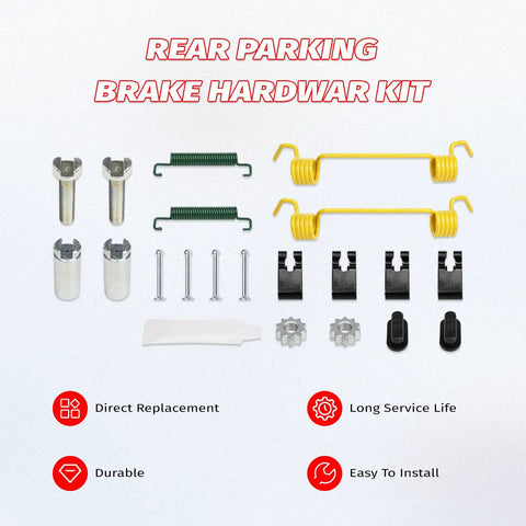 Exact Oe Replacement Rear Parking Brake Hardware Kit Fits Dodge Ram 1500 Models 2006-2008 Perfectly Match Part Numbers 18k1130 And 19203469 For Reliable Performance Without Any Modifications Needed To Fix Your Brakes. rear brake hardware kit parts laid out on white background