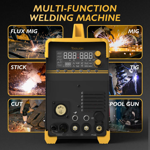 Front view of multi-function Do It All Six In One Welder For MIG TIG Stick Flux Core Spool Gun And Plasma Cutter With Dual Voltage