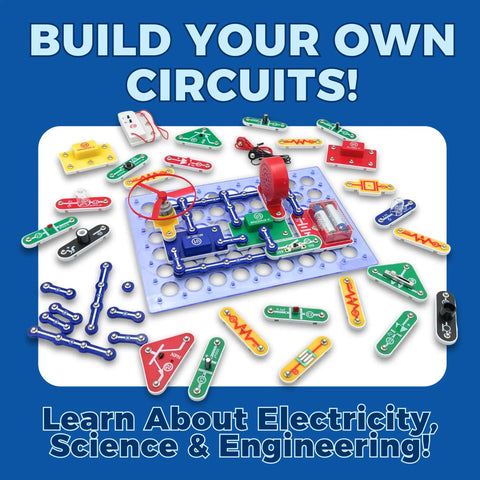 STEM Electronics Kit for Kids 8 Plus 300 Hands On Projects to Learn Circuits and Engineering Build Radios, Sensors, Fans, and More, 60 Parts, Full Color Manual, A Totally Cool Gift for Boys and Girls, circuit board and parts