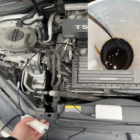 Hassle Free Grab And Go Portable Usb Oil Extractor Pump extracting dark oil from engine into a measuring container.