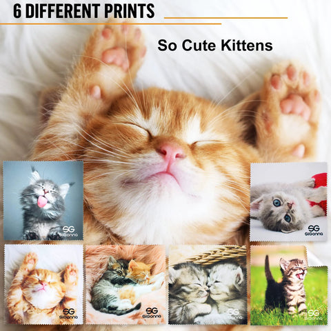 Six kitten-print microfiber cleaning cloths for glasses and screens