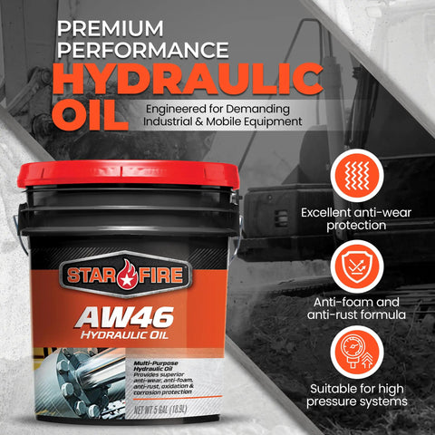 AW46 Hydraulic Oil 5 Gallon Pail Premium Anti Wear Formula For Heavy Duty High Use Industrial And Mobile Equipment Anti Foam Rust And Oxidation Protection ISO 46 Hydraulic Fluid