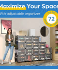 Space Saving Shoe Organizer Cabinet For Up To 72 Pairs With See Through Doors, Stackable Black Cubby