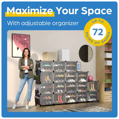 Space Saving Shoe Organizer Cabinet For Up To 72 Pairs With See Through Doors, Stackable Black Cubby