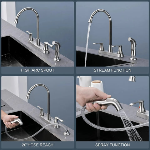 Brushed Nickel Pro Grade Two-Handle Kitchen Faucet With Side Sprayer For 4-Hole Kitchen Sink, High Arc 360 Degree Spout close-up view