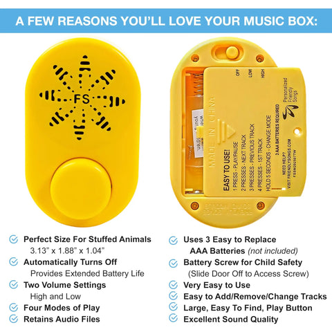 Plug And Play MP3 Sound Module For Stuffed Animals With Extended Two Hour Recording Time Featuring Straight Forward Drag Drop USB Setup For Custom Voice Vibes On Plush Toys, yellow design, includes battery door.