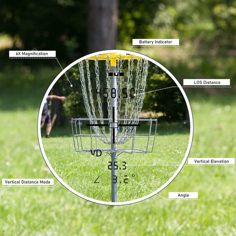 View through Go To Range Finder For Golf And Disc Golf With 6X Magnification 4 To 1000 Yards Range 12 To 3000 Feet Elevation and Slope.