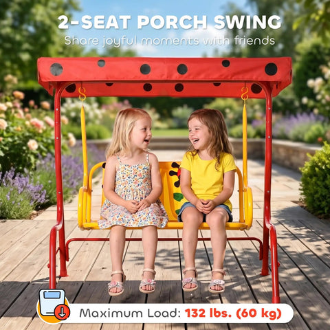 Kids Patio Swing Bench With Adjustable Canopy And Safety Belt 2-Seater Outdoor Swing Chair With Fun Ladybug Pattern