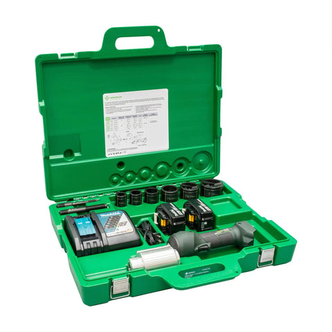 Open case of 11 Ton Battery Hydraulic Knockout Punch Kit With Slugbuster for conduits, showing tools and components, ergonomic design.