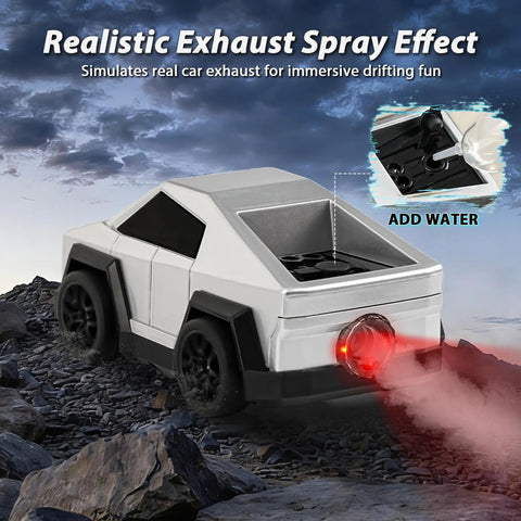 Cyber Inspired Remote Control Car With 360 Drift Spray Lights And Sound Effects, Rad Two Point Four GHz RC Truck on rocky terrain