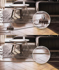 Before and after use of Ivory Cord Cover Kit For Wall Mounted TV 15 Ft Cable Concealer Channel, showing tidy cords.