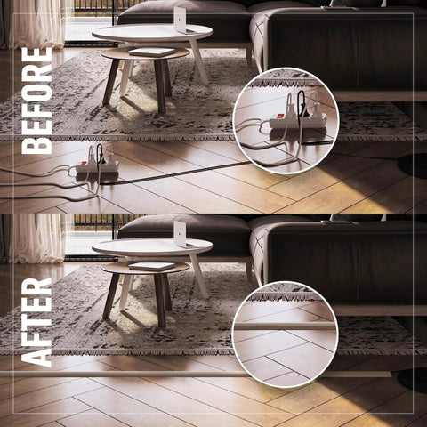 Before and after use of Ivory Cord Cover Kit For Wall Mounted TV 15 Ft Cable Concealer Channel, showing tidy cords.