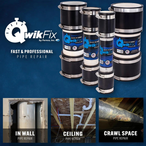 QwikFix 2-Inch Pipe Repair Kit For Plastic, Cast Iron And Steel Pipes Black with couplings and PVC pipe for various repairs.