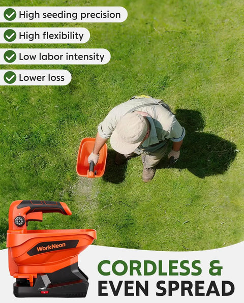 Man using Battery Powered Cordless Seed Spreader Handheld Power Spreader For Lawns And Gardens on grass lawn, 3.3L capacity