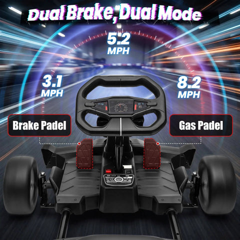 Electric Drift Go Kart For Kids 6 And Up With 24V 800W Power And 8.2 MPH Top Speed, showing brake and gas pedals