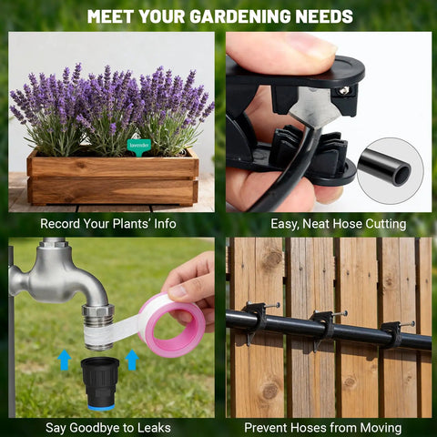 Four images showing the 100Ft Drip Irrigation Kit With 3 Adjustable Emitters For Mist, Stream And Vortex Watering in use and installation.