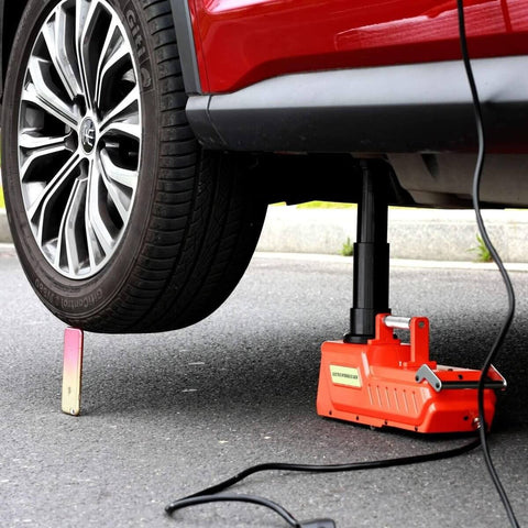 15 Ton All Metal Hydraulic Electric Car Jack With 12V DC Power Portable Auto Lift in use lifting car with red finish