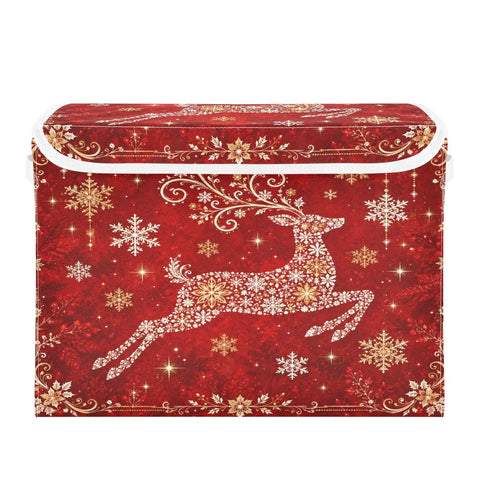 Straight Up Premium Reindeer Collapsible Storage Bins With Lids, Heavy Duty Fabric Organizers For Clothes, red bin with reindeer design.
