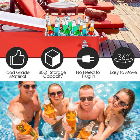 80 Quart Rolling Cooler Ice Chest With Wheels And Bottle Opener by red lounge chairs, drinks chilling, people toasting