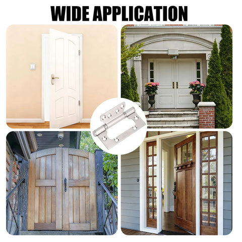 3-pack stainless steel non-mortise door hinges, 4 in × 3 in, silver; collage shows interior, entry, and French doors