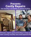 Severe Clog Relief AC Drain Line Cleaner prevents costly repairs by eliminating HVAC clogs, damaged ceiling next to worried couple.