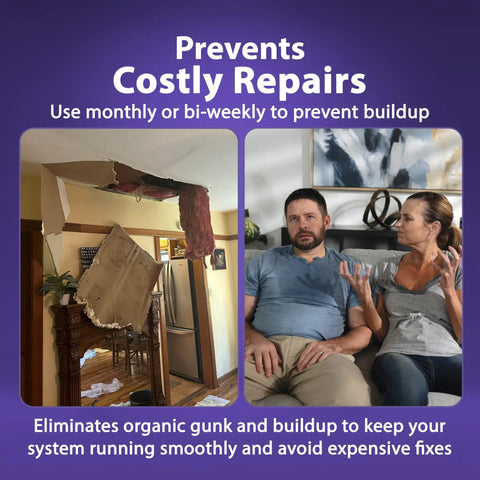 Severe Clog Relief AC Drain Line Cleaner prevents costly repairs by eliminating HVAC clogs, damaged ceiling next to worried couple.