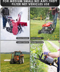 Gas Siphon Hose and Transfer Pump Kit shown with snow blower, lawn mower, tractor, and hedge trimmer in outdoor settings.