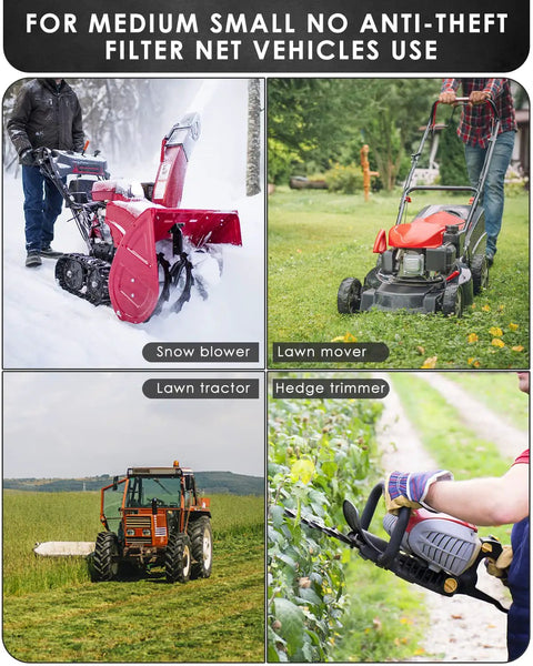 Gas Siphon Hose and Transfer Pump Kit shown with snow blower, lawn mower, tractor, and hedge trimmer in outdoor settings.