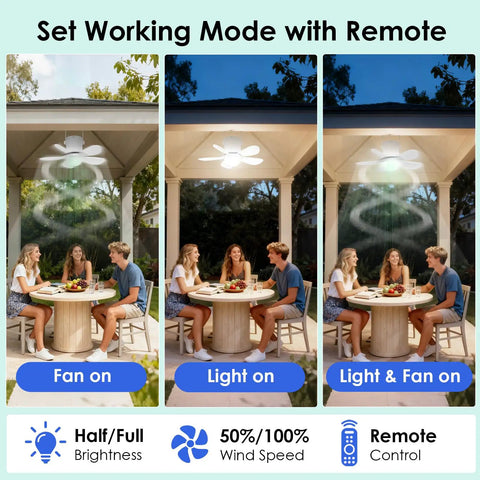 People dining outdoors under Battery Operated 21 Inch Ceiling Fan Light With Remote For Outdoor Use Portable Rechargeable Camping Gazebo Ceiling Fan.