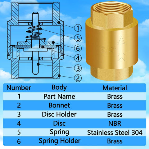Two brass 3/4 in NPT inline spring check valves; cross-section diagram shows internal spring and disc