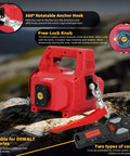 1000 Lb Portable Battery Powered Winch With 40Ft Synthetic Rope And Remote Control showing 360° rotatable hook and free-lock knob.