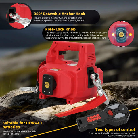 1000 Lb Portable Battery Powered Winch With 40Ft Synthetic Rope And Remote Control showing 360° rotatable hook and free-lock knob.