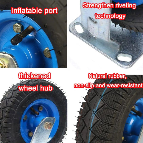 Close-up of Badass Heavy Duty Industrial Caster Wheels With Two Swivel Brakes And Smooth Roll Solid Eight Or Ten Inch Setup showing inflatable port, thickened wheel hub and rubber tread.