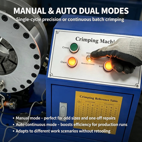 Manual and auto dual mode control panel of Top Tier 220V Electric Hydraulic Hose Crimper For Auto And Shop Use.