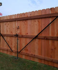 Telescopic Gate Brace For Wood Privacy Fences, 10 Foot Adjustable Anti Sag Gate Kit installed on wood fence, black finish