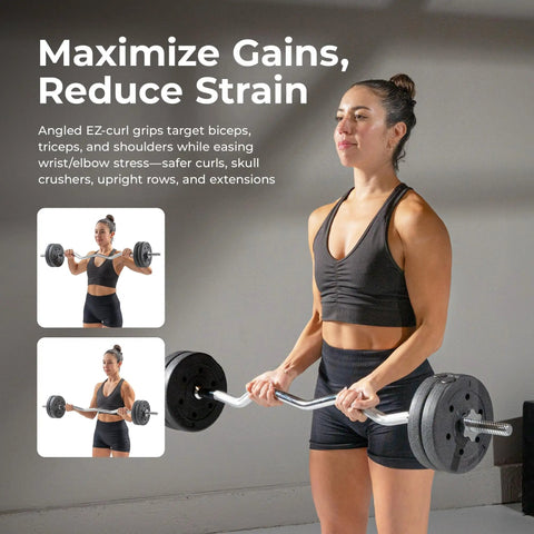 Woman using a 47 Inch EZ Curl Bar with Star-Lock Collars, 11 lb bar, fits 1 inch plates, 300 lb capacity, chrome finish for biceps curls