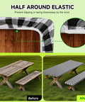 Waterproof 6 Foot Table Cover With Bench Covers And Storage Bag Elastic Fitted Picnic Tablecloth for Outdoor Camping Windproof and Washable 30x72 Inches With 72x12 Inch Benches Black And White displayed on a wooden picnic table, before and after application, demonstrating elastic fit and windproof feature.
