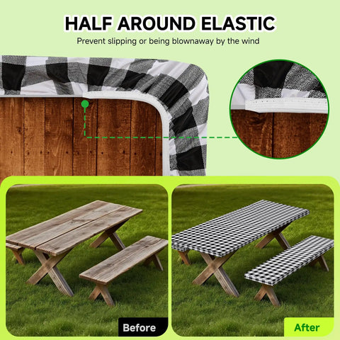 Waterproof 6 Foot Table Cover With Bench Covers And Storage Bag Elastic Fitted Picnic Tablecloth for Outdoor Camping Windproof and Washable 30x72 Inches With 72x12 Inch Benches Black And White displayed on a wooden picnic table, before and after application, demonstrating elastic fit and windproof feature.