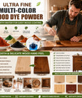 Hella Vivid 9 Color Wood Dye Powder Bundle Super Fast Dry Pigment For Furniture Flip Indoor Outdoor Waterproof Liquid Wood Stain For Craft And DIY 4 Oz Each on display with various colors and application tips.