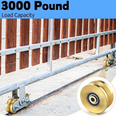2 Pack 4 Inch Heavy Duty Sliding Gate Rollers With V Groove Track Design Double Sealed Bearings 3300 Lb Capacity mounted on gate.
