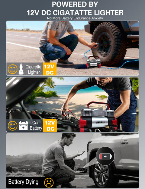 Man using 6X Faster Inflation Digital Dual Cylinder Portable Air Compressor 12V Metal Tire Inflator for Jeep