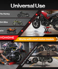 Heavy Duty 1100 Lbs Motorcycle Lift Scissor Jack With Wide Deck Height Adjustable Center Stand With Crank Steel Lift For Cruiser Dirt Bike And ATV Red displayed with various motorcycles and ATVs