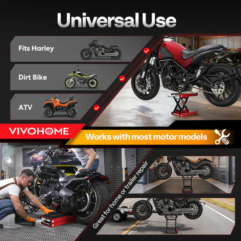 Heavy Duty 1100 Lbs Motorcycle Lift Scissor Jack With Wide Deck Height Adjustable Center Stand With Crank Steel Lift For Cruiser Dirt Bike And ATV Red displayed with various motorcycles and ATVs