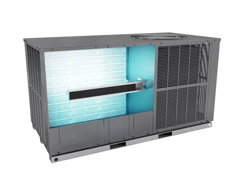 Whole House UV C Light System With Activated Carbon Filter And Magnetic Mount shown installed on HVAC unit