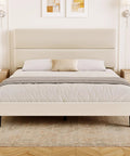 Queen Size Platform Bed Frame With Plush Velvet Headboard And Extra Thick Wooden Slats Delivers Rock Solid Mattress Support For Major Room Refresh Vibes And Hassle Free Setup In Beige, front view with beige headboard and bedding