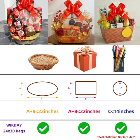 Crystal Clear Heat Shrink Wrap Bags for Gift Baskets 24x30 Inches, 10 Pack Large Size, basket and gift wrapping examples