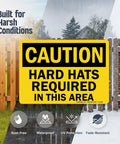 Caution Hard Hats Required In This Area Sign 10 By 14 Inch Aluminum Black On Yellow Durable Outdoor Safety Sign featured outdoors.